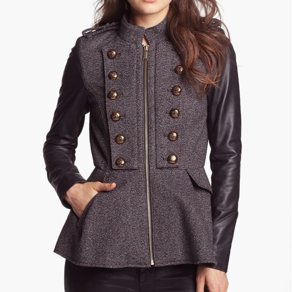 Tweed & Faux Leather Military Jacket